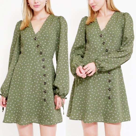 essue Dresses & Skirts - Olive Sage Green Faux Wrap Asymmetric Button Dress